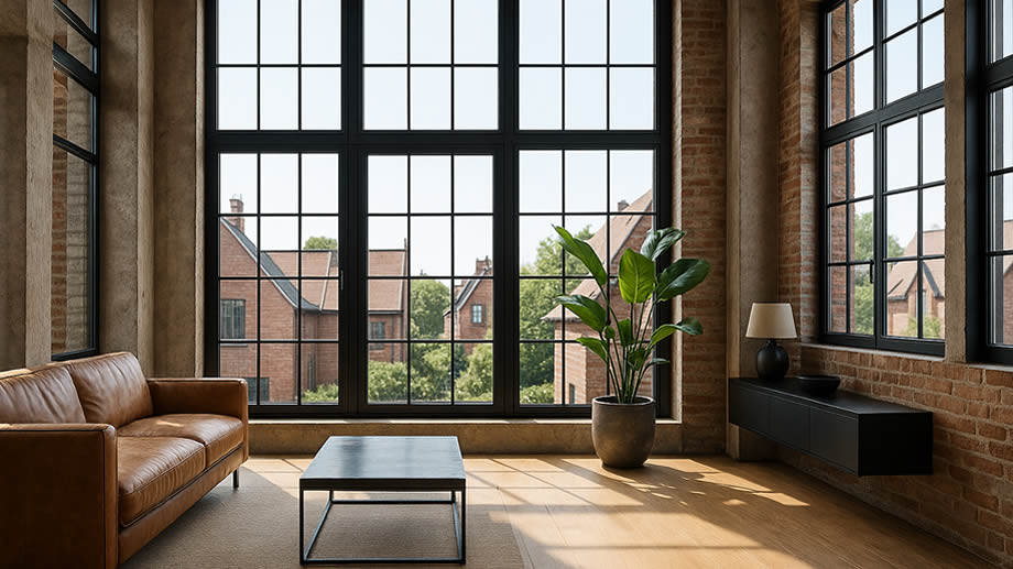 Industriële loft met hoge zwarte staal look ramen